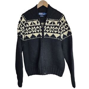 Polo Ralph Lauren Sweater Cardigan Men's Large 100% Wool Hand Knit Nordic Tribal